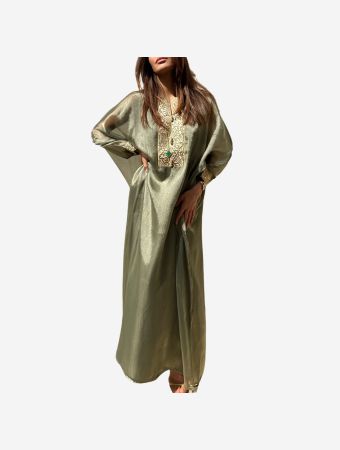 Maison Arabelle Green Malika Kaftan With Arabic Calligraphy