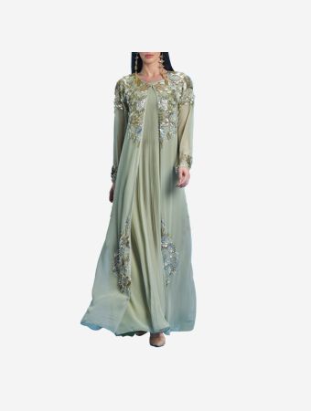 Shaira Pear Green Two Piece Kaftan And Cape Set With Embroidery