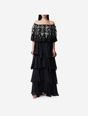 Shaira Black Off Shoulder Ruffle Maxi Dress With Embroidery
