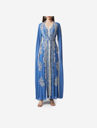 Shaira Tuscany Blue Two Piece Moroccan Kaftan With Separate Belt