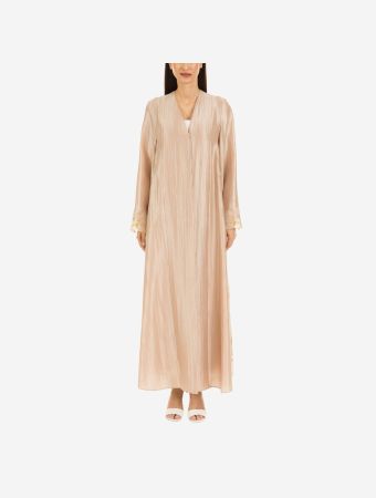 Mauzan Peach Iridescent Abaya With Lace Embroidery