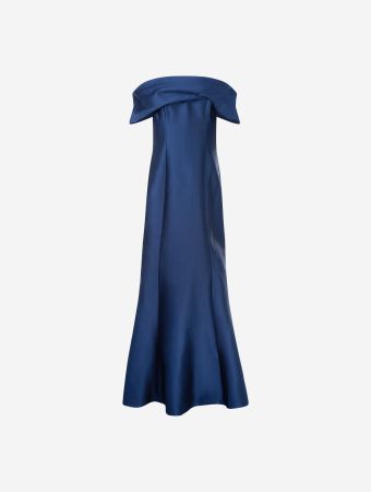 Badgley Mischka Navy Asymmetrical Draped Maxi Gown