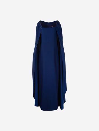 Marchesa Notte Navy Cape Maxi Gown