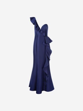 Marchesa Notte Navy One Shoulder Maxi Gown