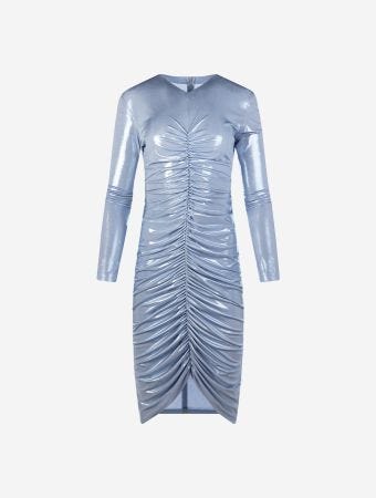 Norma Kamali Misty Blue V Neck Shirred Front Dress