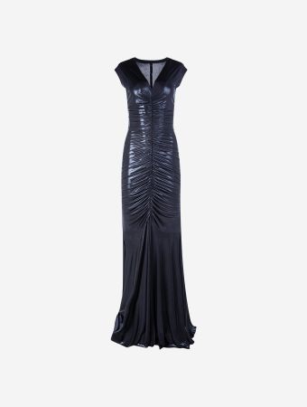 Norma Kamali True Navy Deep V Neck Shirred Fishtail Gown