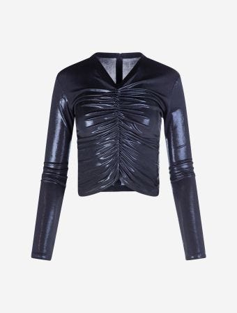 Norma Kamali True Navy Long Sleeve V Neck Shirred Front Top