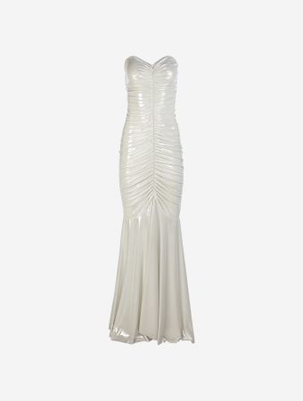Norma Kamali Pearl Strapless Shirred Front Fishtail Gown