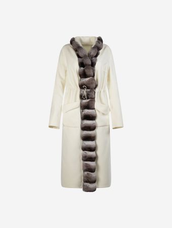 Registered White Full Length Cashmere Jacket With Chinchilla Fur