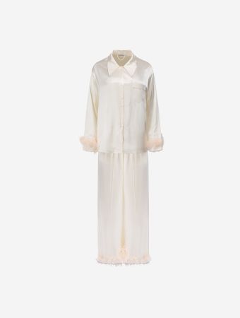 Not Just Pajama Ivory Silk Pajamas Long Set With Feathers