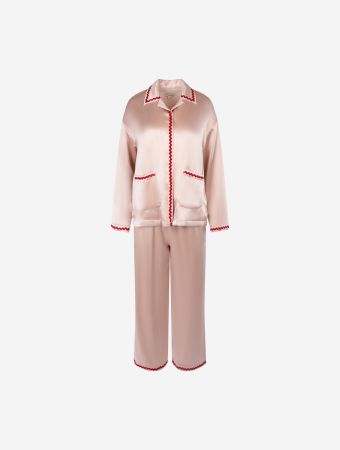 Not Just Pajama Pink Floating Black Silk Pajamas Long Set With Fleece Lining
