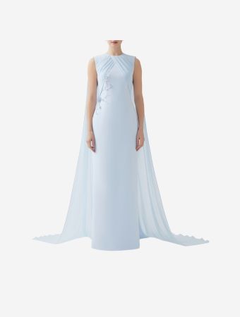 Heva Couture Blue Front Chiffon Pleats Full Length Dress
